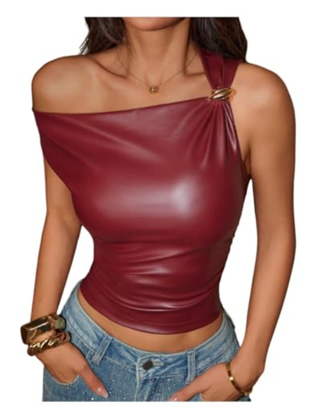 Floerns Off The Shoulder PU Leather Top Sleeveless Ruched Going Out